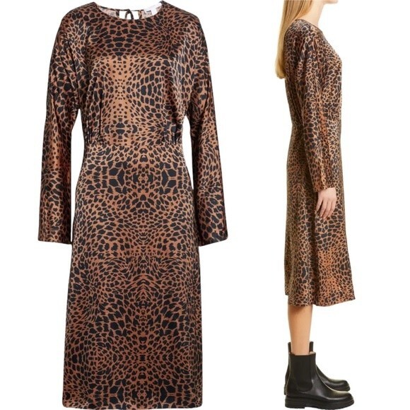NWT Hugo Boss Dress Long Sleeve Midi Length Black & Brown Animal Print Size 8 - Picture 15 of 15